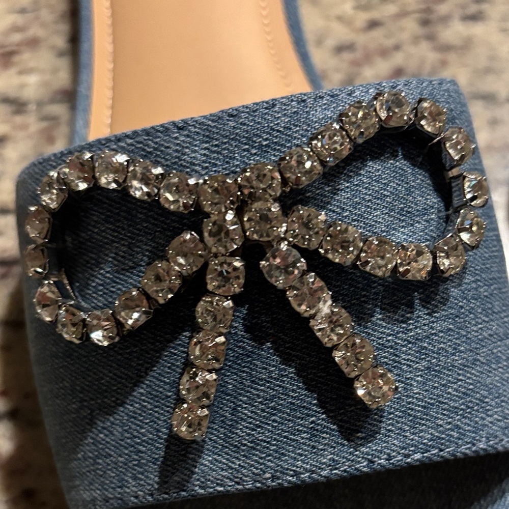 Denim Slide Sandals with Crystal Bow - Blue - Picture 3 of 5